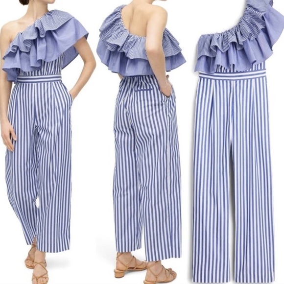 J.Crew- Blue and White Stripe One Shoulder Multi Ruffle Jumpsuit - Picture 4 of 8
